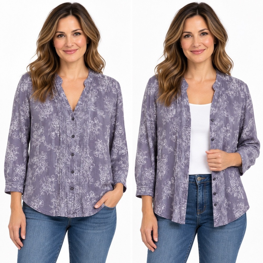 Eddie Bauer Large Grey White Floral Pintuck Cotton Button Front Top Boho